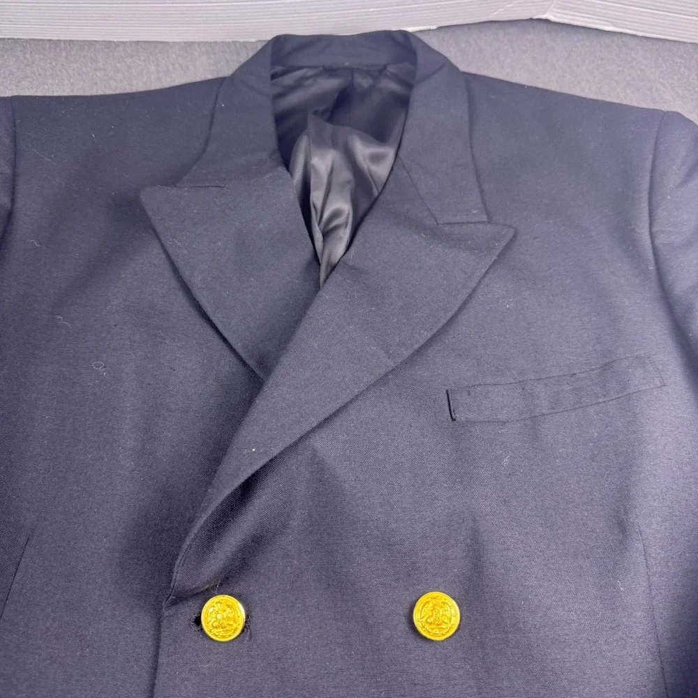 Vintage Mens Navy Blue Double Breasted Blazer Gold Eagle‎ Crest Buttons Nautical
